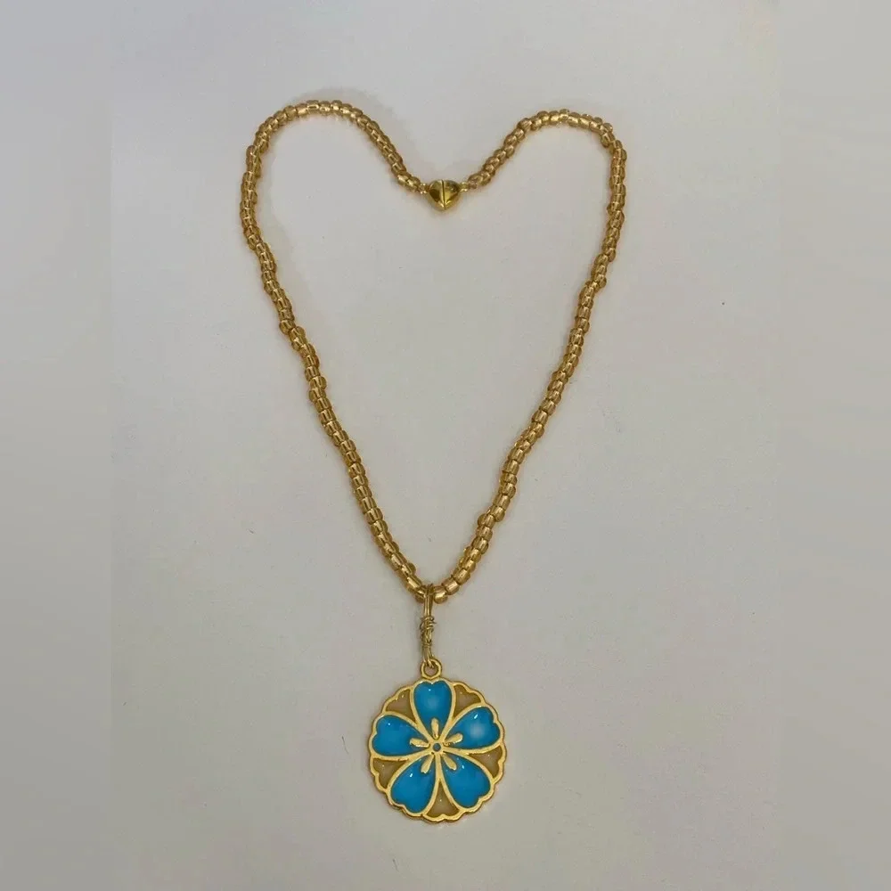 Handmade Blue Yellow Gold Resin Flower Necklace